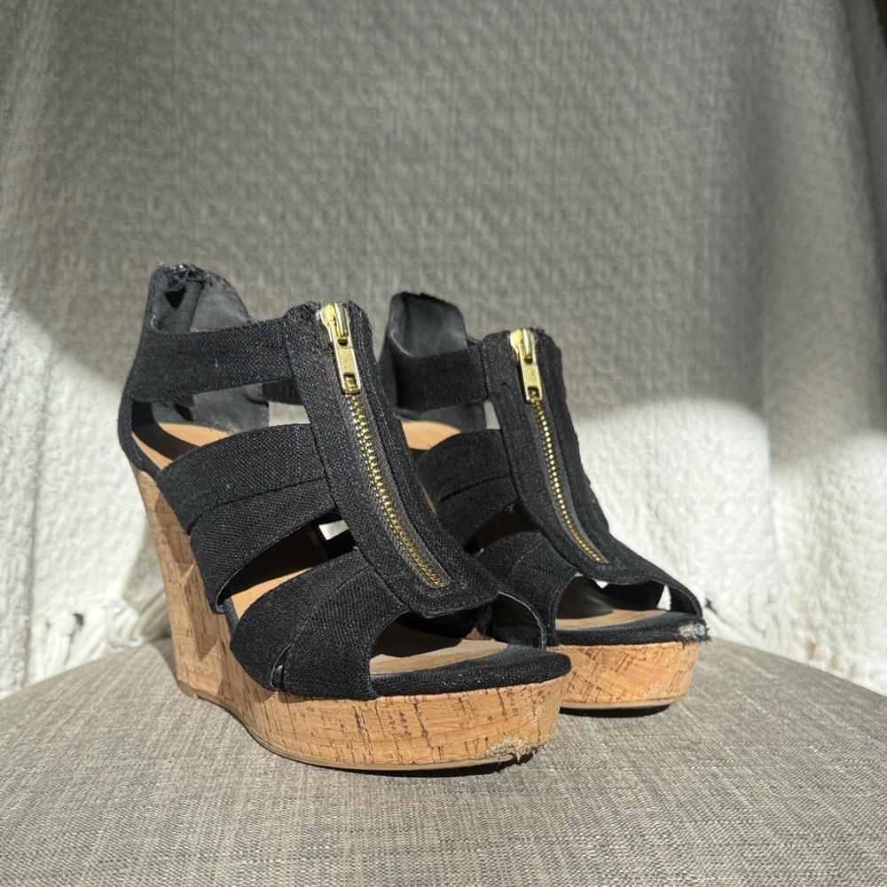 Soda Black Wedge Sandals with Cork Heel